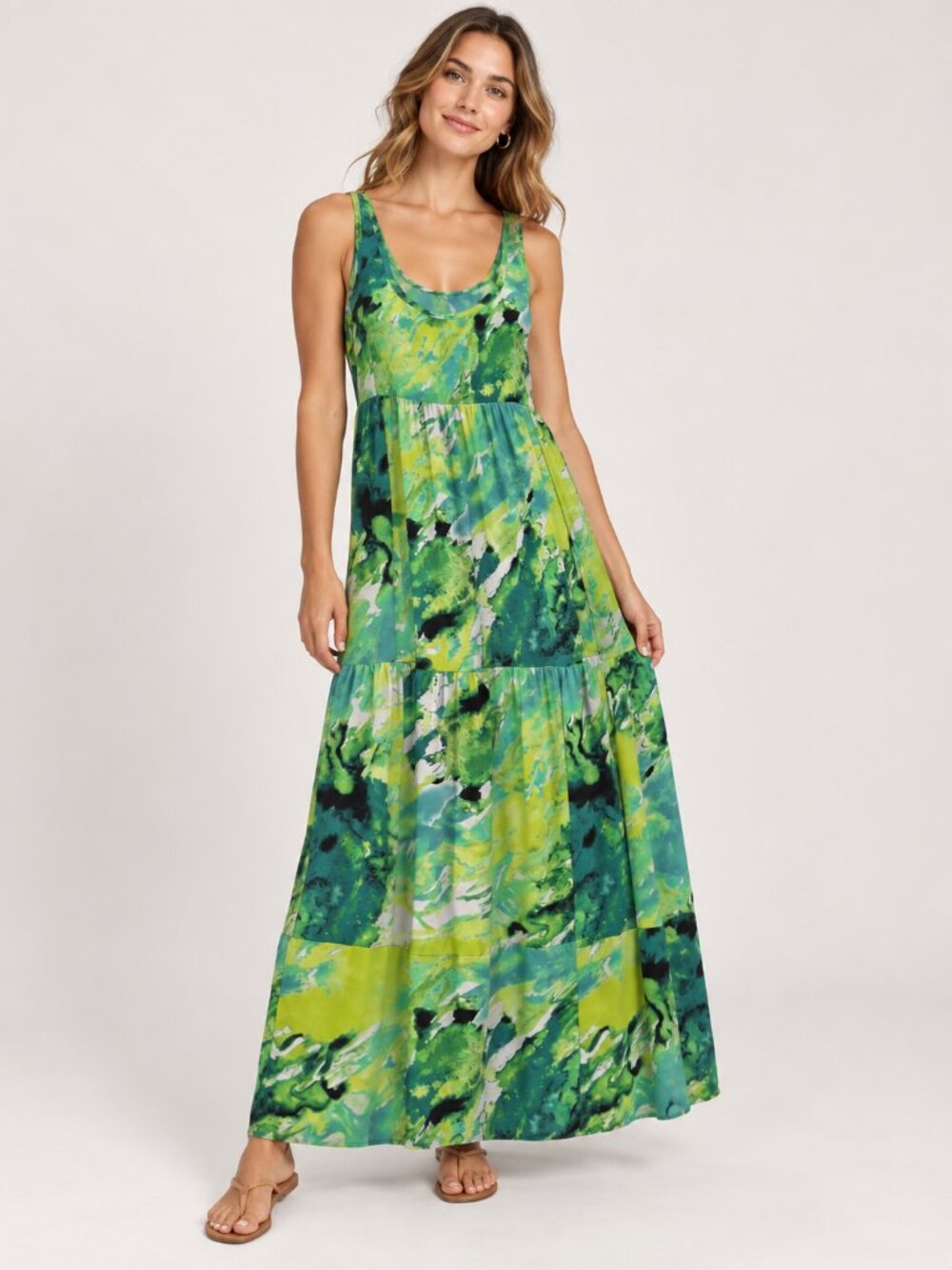AB Studio XL Green Abstract Watercolor Tiered Maxi Dress Sleeveless Stretch Boho